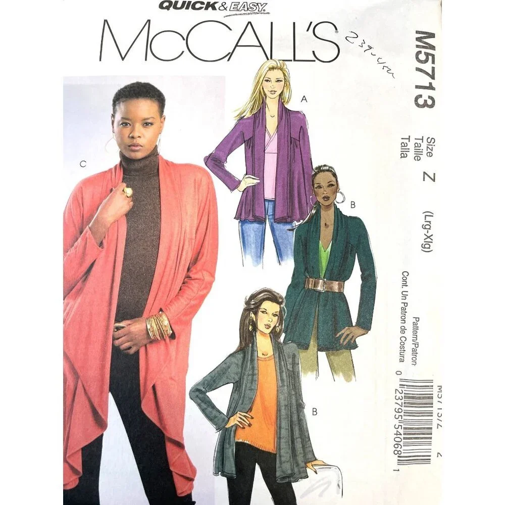 McCalls Sewing Pattern 5713 Cardigan Sweater Open Front Misses Size‎ L-XL